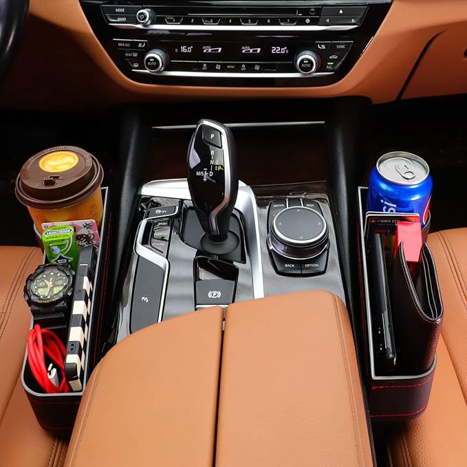 2 Pack Car Seat Gap Organizer with Cup Holder, PU Leather Storage Box, Phone Holder and Side Pocket Organizer, Universal Fit for Most Vehicles - Image 2