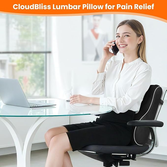 CloudBliss XL Lumbar Support Pillow, Memory Foam for Office Chair, Black | Ergonomic High-Density Memory Foam, Adjustable Straps, Washable Mesh Cover, Lower Back Support for Office, Gaming & Car Seat - Image 2