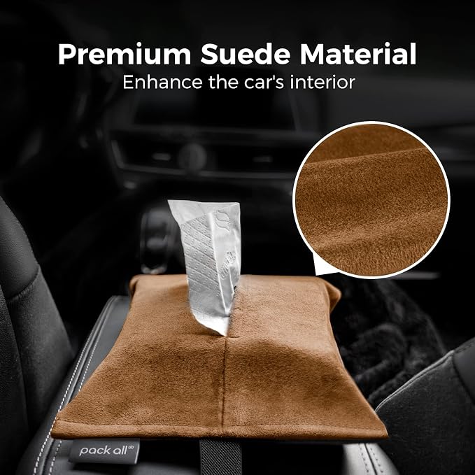 pack all Microsuede Car Tissue Holder, Compact Napkin Dispenser | Keeps Tissues & Wipes Within Reach, Space-Saving, View-Friendly, Adjustable Strap, Fits Sun Visors & Seat Backs, Mocha Brown - Image 3