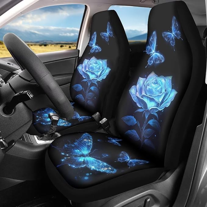 Rose Car Seat Covers Full Set of 2, Butterfly Cloth Seat for Auto Front Seats for Women, Black Bucket Seat Covers for Cars Washable and Breathable Car Accessories for Sedan Truck SUV - Image 2