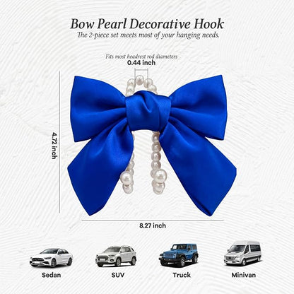2PCS Satin Bow Pearl Car Seat Headrest Hooks – Car Bag Holder & Vehicle Hanger for Purses – Cute Coquette Aesthetic Interior Decoration – Cute Auto Organizer Accessories Universal (Deep Blue) - Image 2