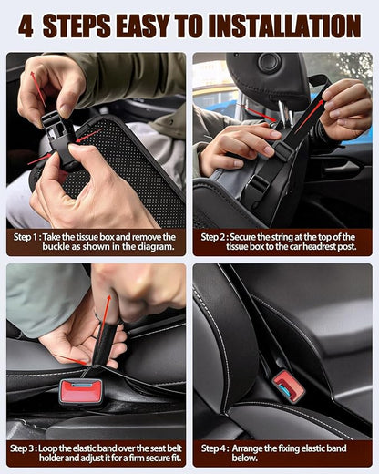 Car Tissue Holder for Kleenex 60/120/160/180 Count,Rectangular Car Storage Box, Side Mount Organizer with 3 Mesh Pockets, Hanging Bag, Waterproof PU Leather, for Front and Back Seat - Image 7