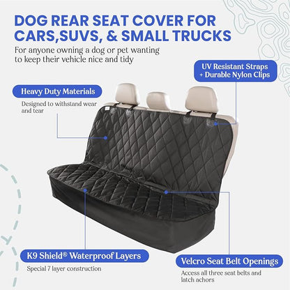 4Knines Heavy-Duty Rear Seat Cover for Dogs - Fitted, Black Reg | K9-Shield waterproof layer, non-slip backing, quick-release clips for easy install and cleanup. Machine washable. - Image 3