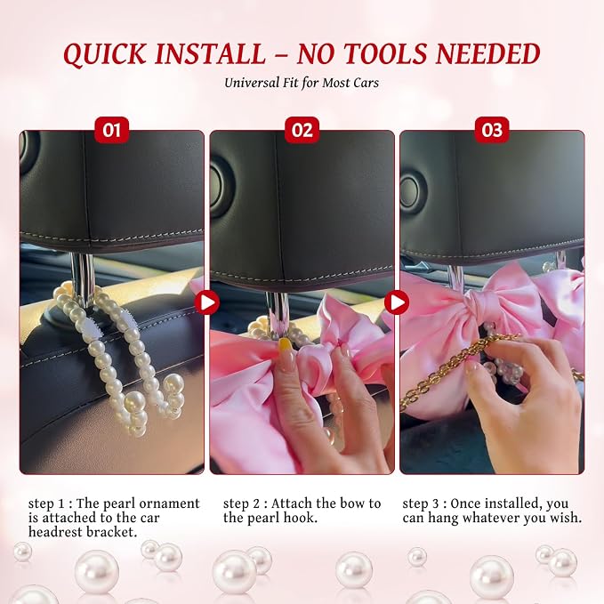 2 PCS Bow Pearl Car Seat Headrest Hook – Cute Purse Hook for Car, Girly Interior Decoration Accessories Hook Hanger, Seatback Holder for Purses & Bags, Elegant Car Organizer (Red Polka Dot) - Image 6