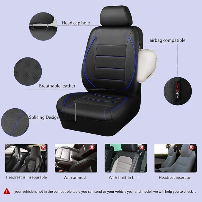 CAR PASS Universal FIT Piping Leather Two Front Seat Covers, Waterproof Faux Leather for SUV Sedan Van Truck, Airbag Compatible,Reserved Opening Holes for Headrest Covers. (Black and Blue) - Image 3