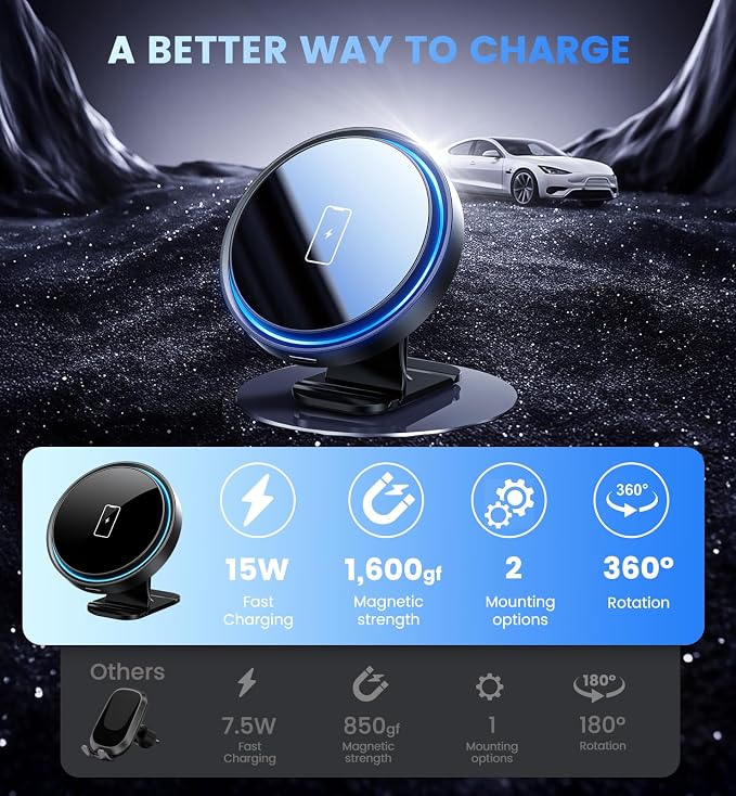 Magnetic Car Mount Charger 15W Magnetic Wireless Car Charger for iPhone 17 Accessories Magnetic Phone Holder for Car 3 in 1 Magnetic Car Mount for iPhone17Pro/16/15/14/13/12 Series Gifts for Men Women | N52 Strong Magnets, 360° Rotation, Dashboard & Ve... - Image 3