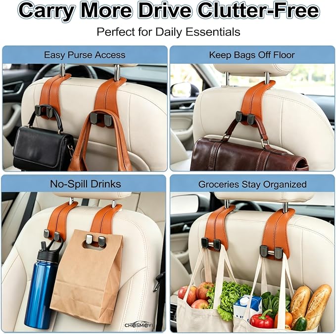 2 Pack Car Seat Hooks, Leather Car Seat Back Hanger for Purses & Bags | Anti-Drop Design, Holds Up to 50 lbs, Car Backseat Organizer, Car Storage Accessories - Image 6