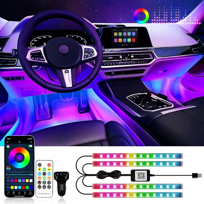 RGB Interior Car Strip Light with Smart APP Control，Led Car Lights Interior | Music Sync Under Dash Footwell Neon Internal Lighting Kit Multicolor,12V LED Strip Lights for Car, Truck, SUV (1 Set) by DUOFU365