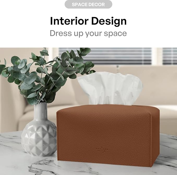 Carrotez Tissue Box Cover, [Refined] Modern PU Leather Rectangular Tissue Box Holder - Decorative Holder/Organizer for Bathroom Vanity Countertop, Night Stands, Office Desk 9.5"X5"X5" - Camel - Image 4