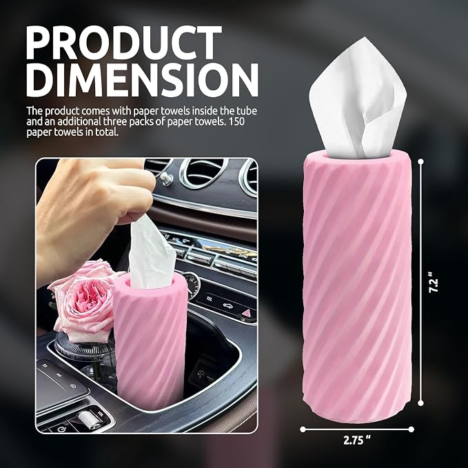 Car Cup Holder Tissue with 3 Pack Facial Tissues, Car Tissues Cylinder, Refillable Round Travel Tissue Tube for Vehicle, Office, Home Use (Pink) - Image 3