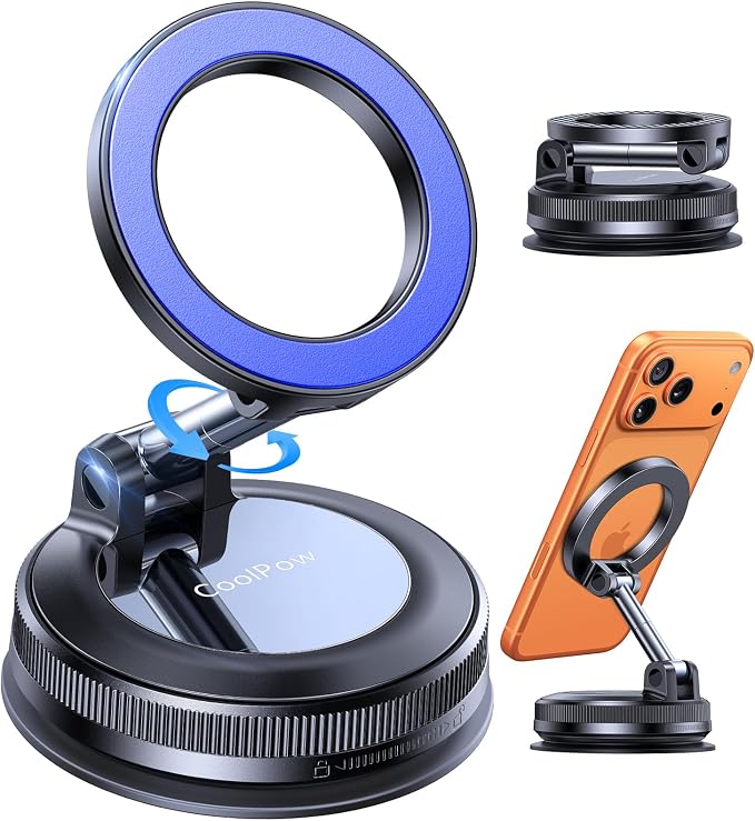 Coolpow【Newest Vacuum Magnetic Phone Holder for Car Phone Holder Mount【Movable Vacuum Suction】 Magsafe Car Mount Cell Phone Holders for Your Car Accessories for Women Men for iPhone 17 16-Blue | 【26 x N58 Magnets】360° Rotation, Magnetic Car Phone Holde... by Coolpow