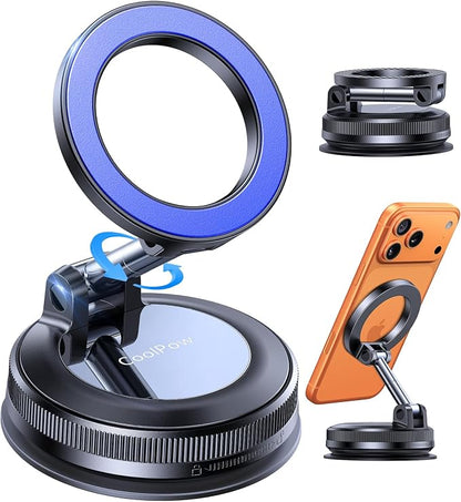 Coolpow【Newest Vacuum Magnetic Phone Holder for Car Phone Holder Mount【Movable Vacuum Suction】 Magsafe Car Mount Cell Phone Holders for Your Car Accessories for Women Men for iPhone 17 16-Blue | 【26 x N58 Magnets】360° Rotation, Magnetic Car Phone Holde... by Coolpow