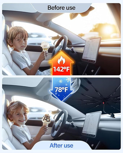 Car Windshield Sun Shade Foldable Umbrella, Sunshade for Car Windshield Cover Visor UV Ray Reflector, Sun Shade Windshield for Auto Trucks Sedan SUV Keeps Vehicle Cool Heat Insulation (53" x 27") - Image 3