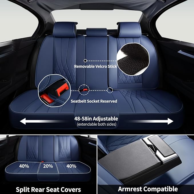 FLORICH Leather Car Seat Covers Full Set, Luxury Automotive Seat Cover, Waterproof Car Seat Covers Front and Back Seats for Most Cars - Blue - Image 6