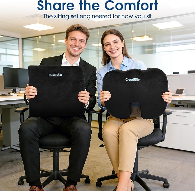 CloudBliss Ergonomic Seat Cushion & Lumbar Support Pillow Set, Black,Large | Back Pain & Sciatica Relief, Memory Foam Support, Adjustable Straps, Machine Washable Velvet, Perfect for Office, Car, Gaming - Image 9