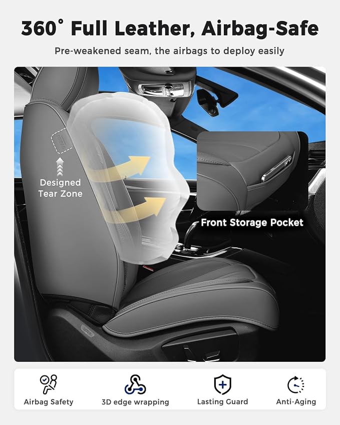 Huidasource Gray Seat Covers Luxury Nappa Leather, Car Seat Cover with Velcro Adjustable, Airbag, Lumbar Support, Cooling and Heating, Seat Covers for Universal Fit for Most Cars SUV Trucks, Gray - Image 4
