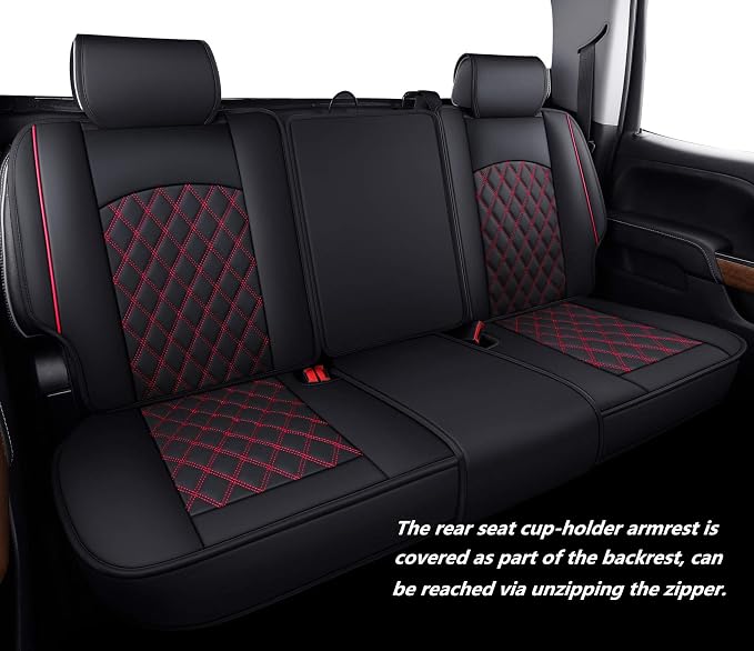 Truck Seat Covers for Chevy Silverado GMC Sierra 2007-2026 1500 | Custom Fit 2500HD 3500HD Trail Boss Z71 Pickup Crew Double Extended Cab Waterproof Leather Full Set Black-Red - Image 3