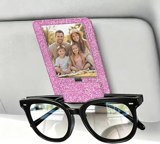 2-in-1 Car Visor Sunglasses & Photo Holder, Magnetic PU Leather Glasses Clip with Picture Display Slot, Universal Sun Visor Organizer for Eyeglasses, Personalized Cards & Memories, Light Pink Glitter - Image 6