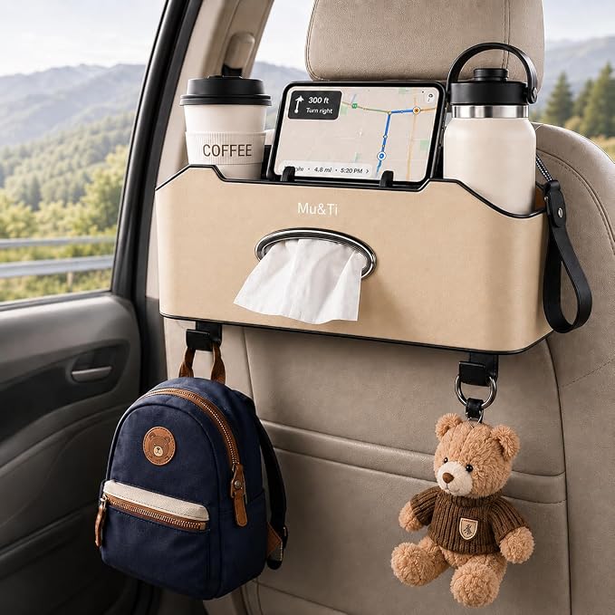 Back Seat Car Organizer with Cup Holders Tissue Box, Phone Stand and Hooks | Includes 1 Pack Of Tissues And 1 Pack Car Trash Bags, Headrest Cup Holder, Multifunctional Storage For Car Travel Accessories by MuTi-Design