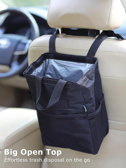 Ginsco New Leak-Proof Travel Trash Bag, Hanging Car Trash Can with Hook and Loop Lid and Handle, Multipurpose Trash Bin with Storage Pockets for Car SUV Truck RV Camping 2 Gallons, Black - Image 4