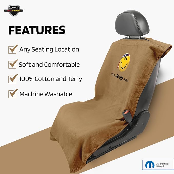 Seat Armour Seat Protector Towel 'Jeep Smiley Face' - Soft Machine Washable Jeep Seat Cover Towel - Easy to Install, Multipurpose Jeep Seat Towel - Tan - Image 3