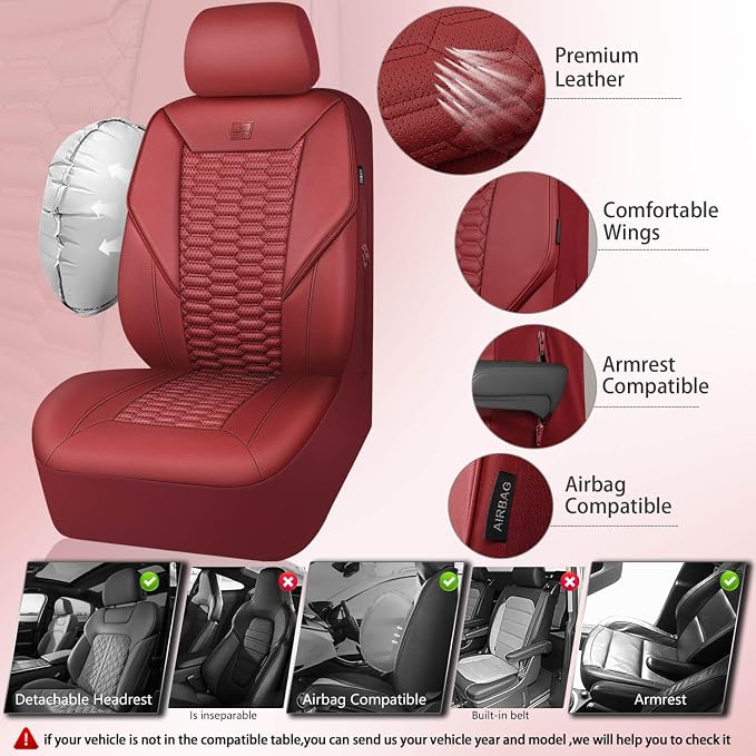 CAR PASS 3D Foam PU Leather Car Seat Covers Full Set,Luxury Breathable Faux Leather Seat Covers for Car,Anti Slip Universal Fit for SUVs Vans Sedan Trucks Automotive,Armrest Airbag Compatible Burgundy - Image 3