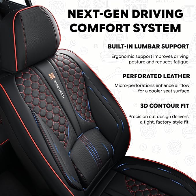 Black and Red Leather Car Seat Cover Set, with Lumbar Support | OEM-Inspired Interior Upgrade - Image 2