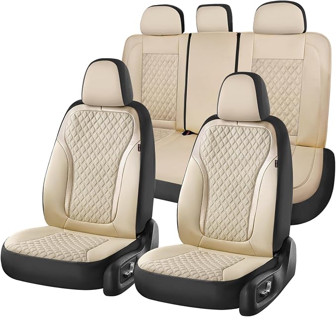 Coverado Car Seat Covers Full Set, Beige Car Seat Covers, Luxury Leather Car Seat Cover with Carbon Fiber Textured Design, Spill-Proof Seat Cushions, Automotive Seat Cover Universal Fit Most Cars by COVERADOAUTO