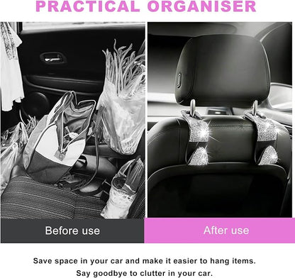 4 PCS Bling Car Seat Headrest Hooks, Rhinestone Vehicle Backseat Storage Hanger Backpack Hook, Sparkly Multi-Functional Headrest Purse Holder for Car Truck SUV RV (White) - Image 3