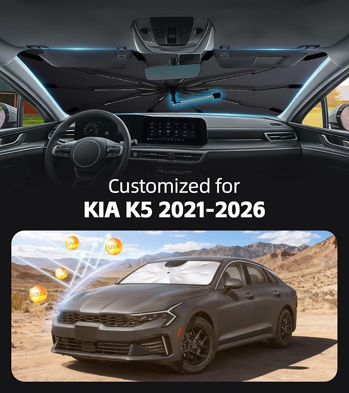 Windshield Sun Shade for KIA K5 2021-2026 with 360° Rotating Shaft | Custom Fit Umbrella Sunshade for UV Blocking, Interior Heat Protection, Easy Storage, UPF 50+ Cool Windshield Cover - Image 2