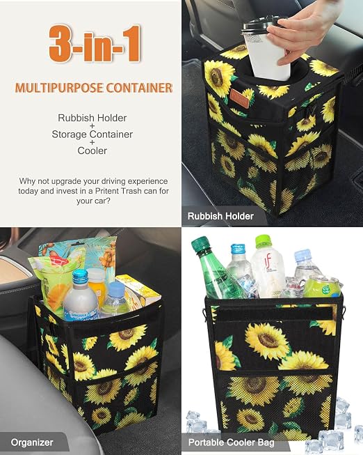 Pritent Car Trash Can with Lid Leakproof Car Garbage Bag Vehicle Trash Bin | Hanging Automotive Garbage Can,Multipurpose Car Accessories for Women Men Interior Car Storage Organizer(2 Gal,Sunflower) - Image 5