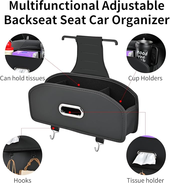Backseat Seat Car Organizer, Multifunctional Adjustable Car Organizers and Storage, Universal Car Seat Organizer, Car Tissue Organizer with Cup Holder, Black - Image 3
