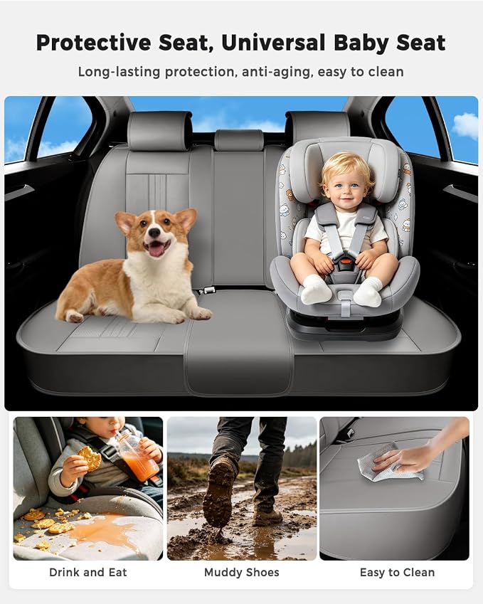 Huidasource Gray Rear Seat Cover, Luxury Faux Leather Back Seat Car Cover, Velcro Adjustable, Compatible with Child Seat, Perforation Cooling＆Heating, Universal Fit for Most Cars Vans Trucks SUVs Gray - Image 5