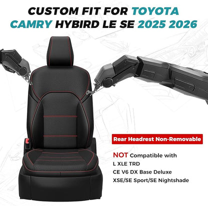 Custom Fit Seat Covers for Toyota Camry 2025 2026 Hybrid, BlackRed | Only Fit for Camry LE/SE 2025-2026, Full Coverage, Faux Leather, Protective, Scratch-resistant, Easy-clean - Image 2