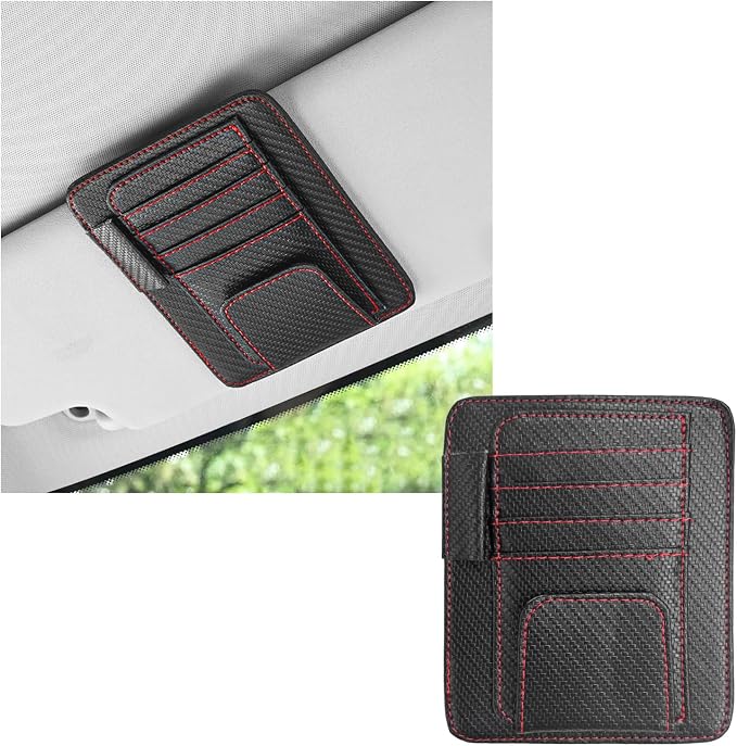 Dickno Small Leather Car Sun Visor Organizer, Multifunctional Auto Visor Document Holder with Sunglasses Clip, Universal Car Interior Organizer for Driving License, Card, Pen (Black&Red) by Dickno