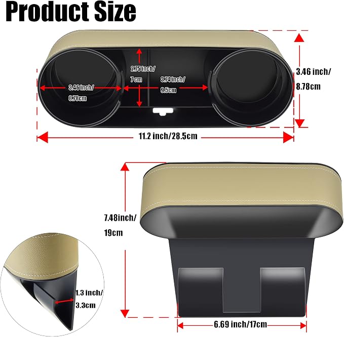 IOKONE Console Side Pocket, Cup Holder for Car, Easy Install, Slim Beige | PU Leather Cover, Dual Cup Holders, Car Seat Gap Filler Organizer, Side Pocket Storage, Universal Fit, Car Coin Holder - Image 2