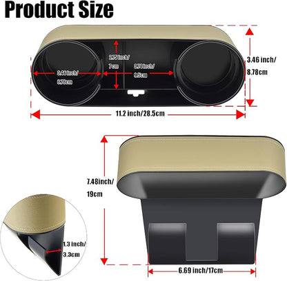 IOKONE Console Side Pocket, Cup Holder for Car, Easy Install, Slim Beige | PU Leather Cover, Dual Cup Holders, Car Seat Gap Filler Organizer, Side Pocket Storage, Universal Fit, Car Coin Holder - Image 2