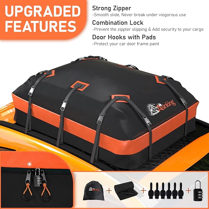 Car Rooftop Cargo Carrier Bag 21 Cubic feet Waterproof Car Roof Top Bag for All Cars with/Without Rack, Includes Anti-Slip Mat, 10 Reinforced Straps, 6 Door Hooks, Luggage Lock - Image 2