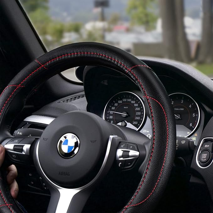 Leather Car Steering Wheel Cover, Universal Fit for Most Cars, Black | Microfiber Leather,Non-Slip Breathable Auto Steering Wheel Protector - Image 2