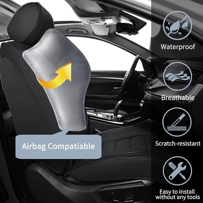 Front Car Seat Covers, 2Pcs Universal Leather Seat Covers for Cars, Full Coverage Waterproof Automotive Seat Covers, Breathable Front Seat Covers for Most Trucks, SUVs, Sedans, Black - Image 3