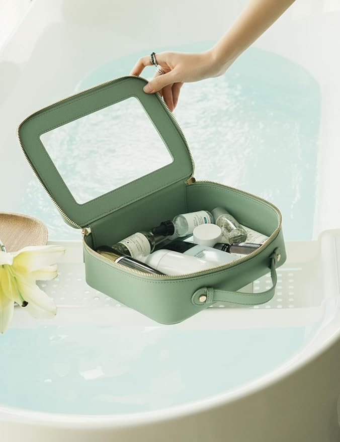 Clear Toiletry Bag 2 Pack, Travel Makeup Bag Medium and Large Green | Structured Clear Cosmetic Case with Zipper, Car Essential Organizer Bag for Women, Waterproof PU Leather, Wide Open Portable - Image 8