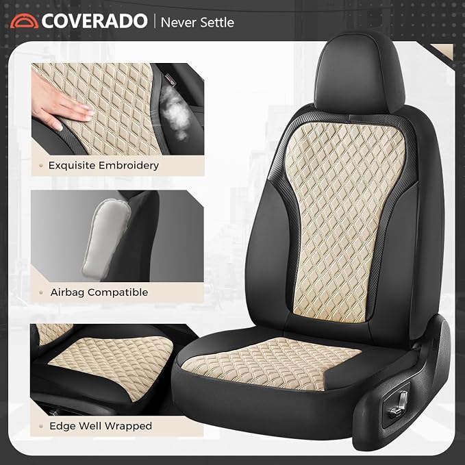 Coverado Front Seat Covers, 2-Pack Luxury Diamond Leather Car Seat Cover with Carbon Fibre Weave Design, Waterproof Car Seat Protectors, Black&Beige Driver Seat Covers Universal Fit for Cars Trucks - Image 4