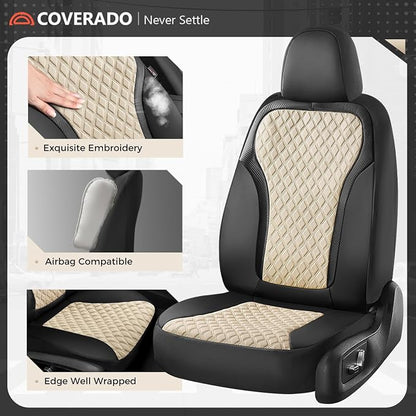 Coverado Front Seat Covers, 2-Pack Luxury Diamond Leather Car Seat Cover with Carbon Fibre Weave Design, Waterproof Car Seat Protectors, Black&Beige Driver Seat Covers Universal Fit for Cars Trucks - Image 4