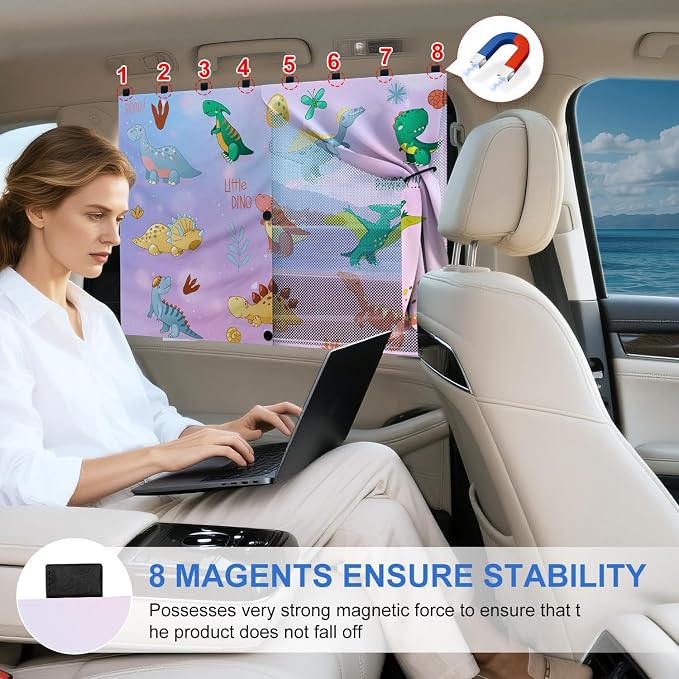 Car Window Shades, [Upgraded] 8 Strong Magnets Magnetic Side Window Sun Shade [2 Pack] - Dual Layer UV Ray Protection Car Sunshade for Baby, Kids & Pets.Dinosaur Cartoon - Image 5