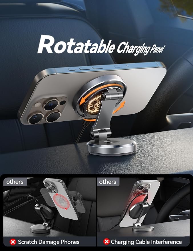 MagSafe Car Mount Charger with 360° Rotatable Charging Panel & Base, Silver | 15W Fast Charging Magnetic Phone Holder, Strong Magnets Wireless Car Charger, Car Mount for iPhone 17 Pro Max 16 15 14 13 12 - Image 3