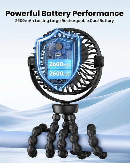 Portable Stroller Fan, 5200 mAh Rechargeable Personal Fan, with 360° Rotate Flexible Tripod and TYPE-C Port 3 Speed Small Mini USB Clip-on Fans Can Handheld and Desk for Stroller Car Seat Crib Outdoor - Image 6
