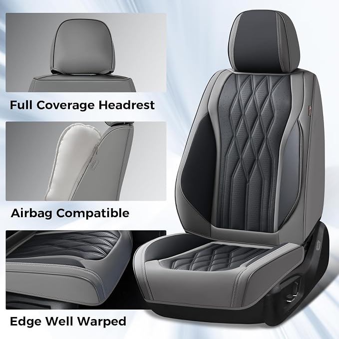 Coverado Seat Covers FullSet, 5 Seats Car Seat Protector, Waterproof Nappa Leather Cushion, Front & Rear Fit for Most Sedans SUV Pick-up Truck-Gray&Black - Image 5