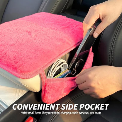 Plush Fuzzy Fur Car Center Console Cover with Side Pockets, Fluffy Armrest Cushion Pad, Soft Car Interior Accessories with Storage for Women. Universal Fit for Vehicles SUV Truck (Pink) - Image 3