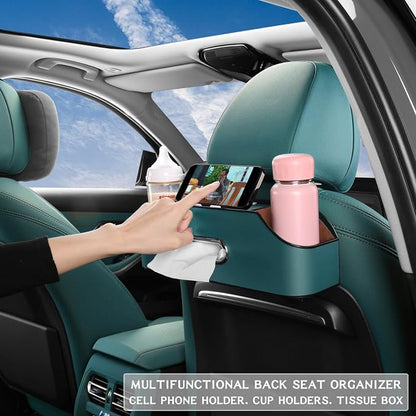 HOLDCY Car Back Seat Organizer with 2 Cup Holders, Tissue Storage, Blue | Rigid ABS Frame With Pu Leather, Dual Hooks And Tool-Free Mounting For Cars, Suvs And Trucks With Separate Headrest Posts - Image 5