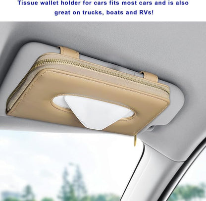 Car Tissue Holder, PU Leather Auto Sun Visor Tissue Case Napkin Holder with Zipper, Rectangular Mask Dispenser Hanging Paper Towel Organizer for Cars SUVs Trucks RVs (Beige) - Image 5